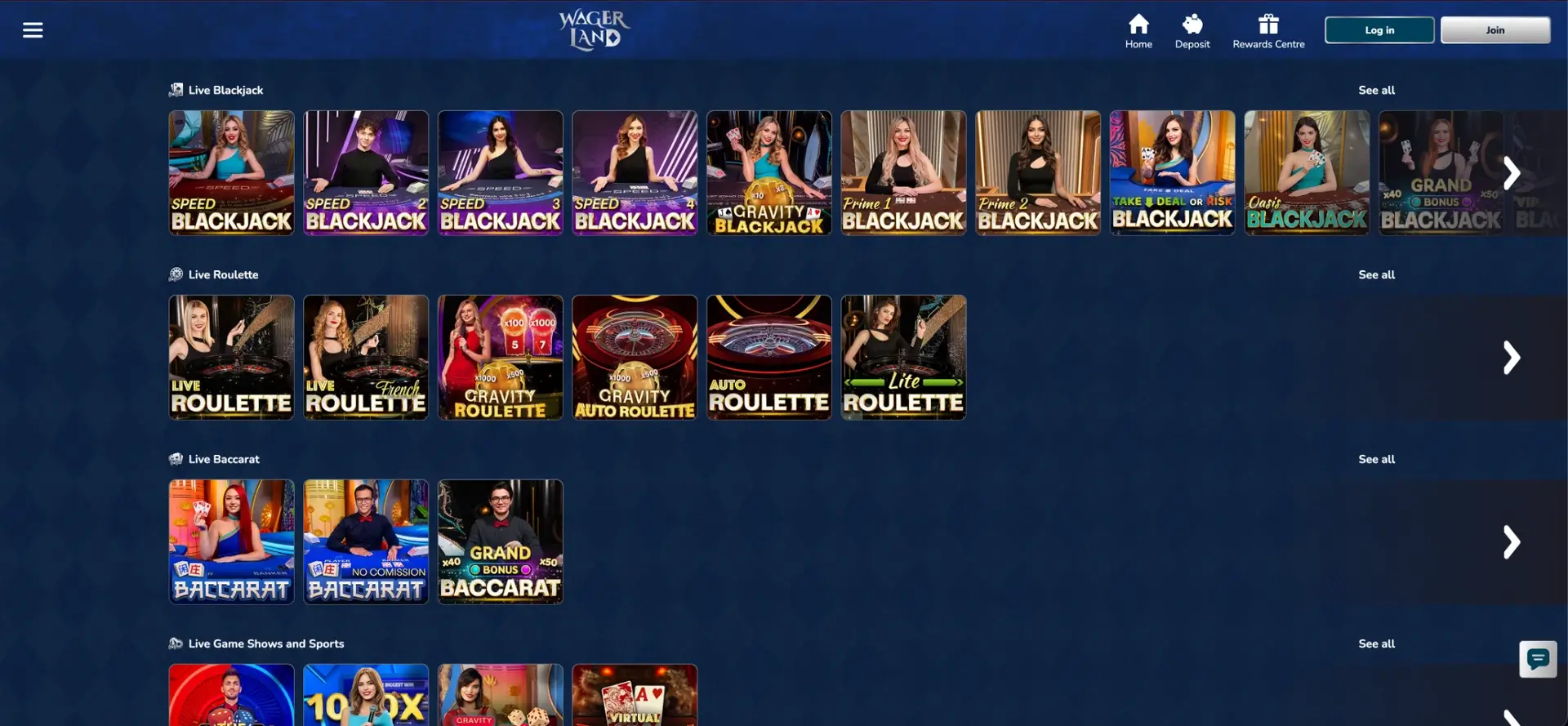 WagerLand live casino lobby
