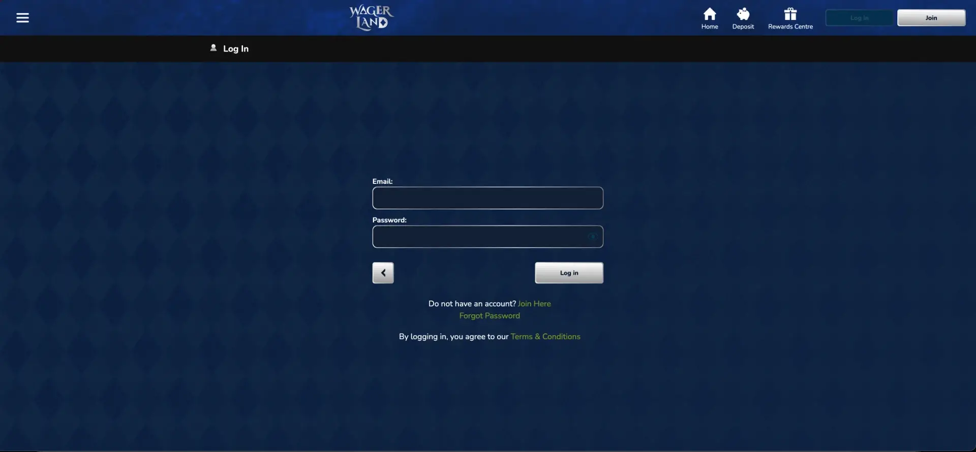WagerLand login form