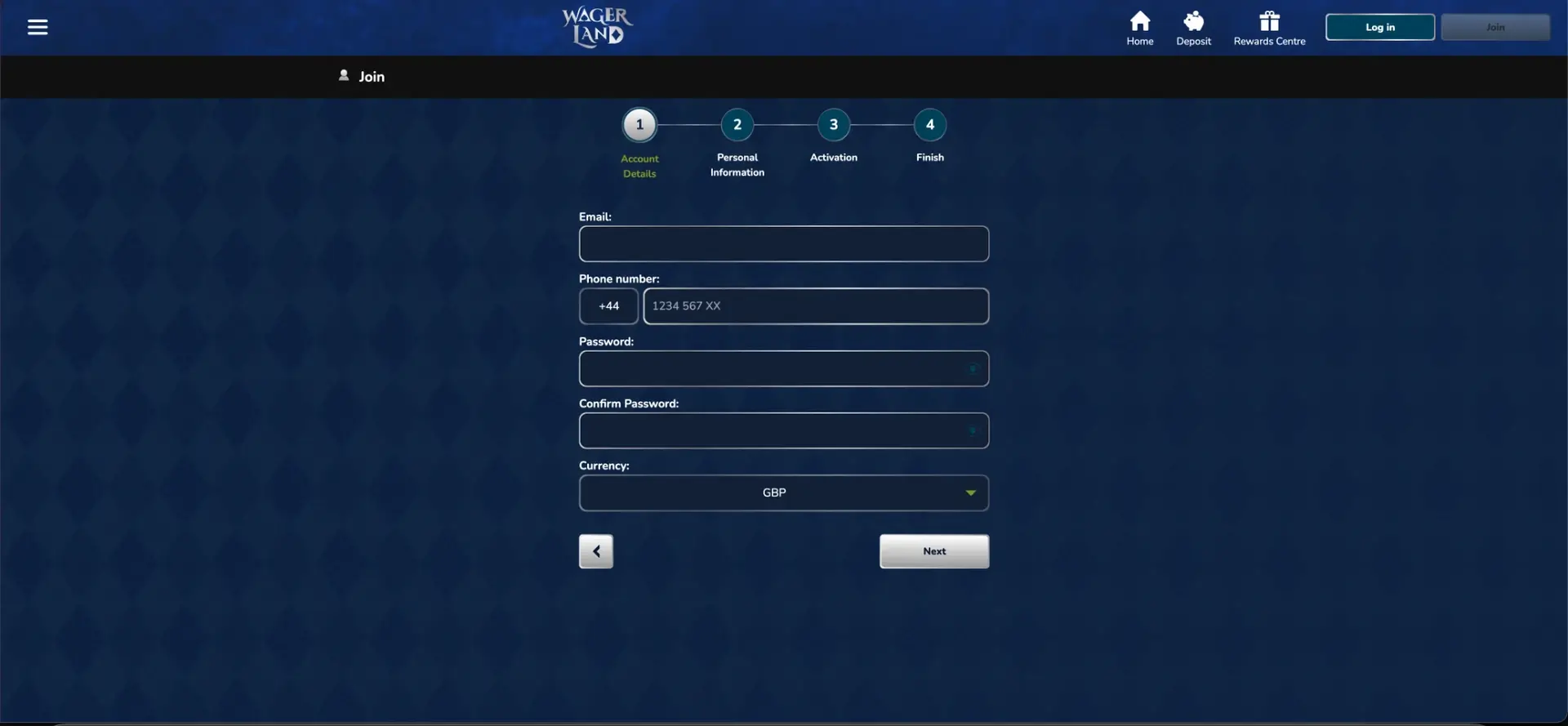 WagerLand registration account details