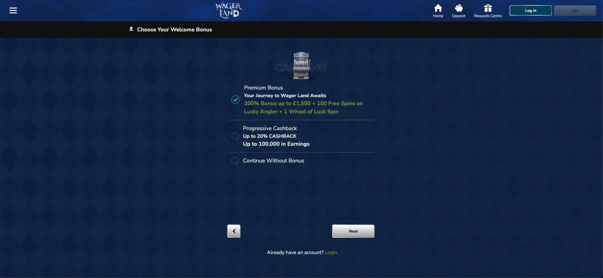 WagerLand welcome bonus selection
